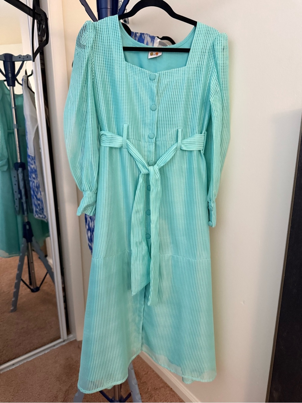 Mint Green Long Sleeve Button-Front Dress with Waist Tie